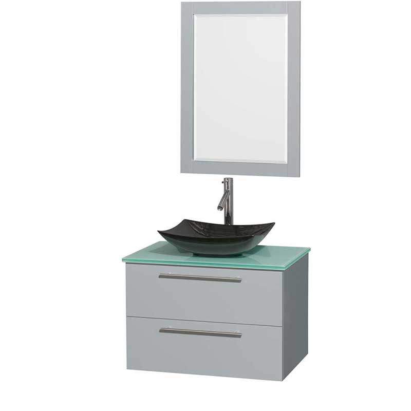 Amare 30" Single Bathroom Vanity in Dove Gray, Green Glass Countertop, Arista Black Granite Sink and 24" Mirror