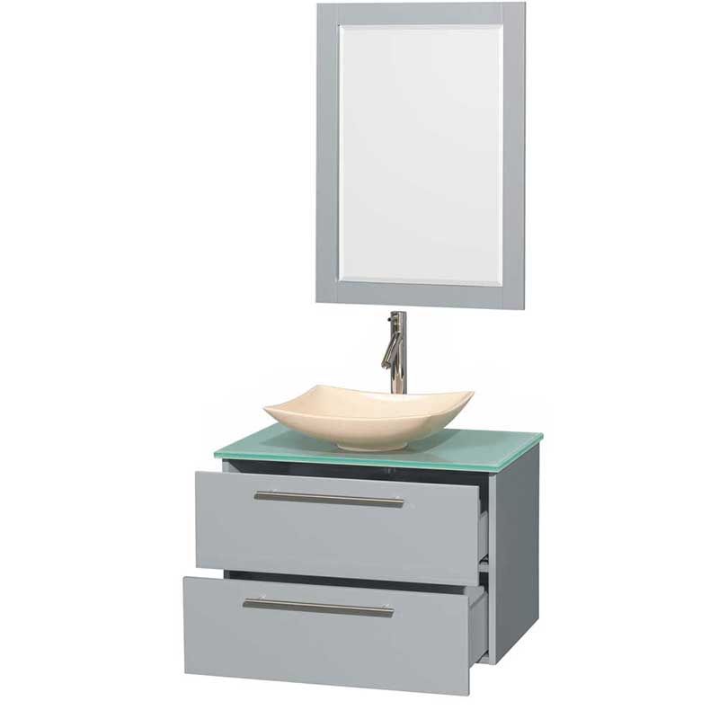 Amare 30" Single Bathroom Vanity in Dove Gray, Green Glass Countertop, Arista Ivory Marble Sink and 24" Mirror 2