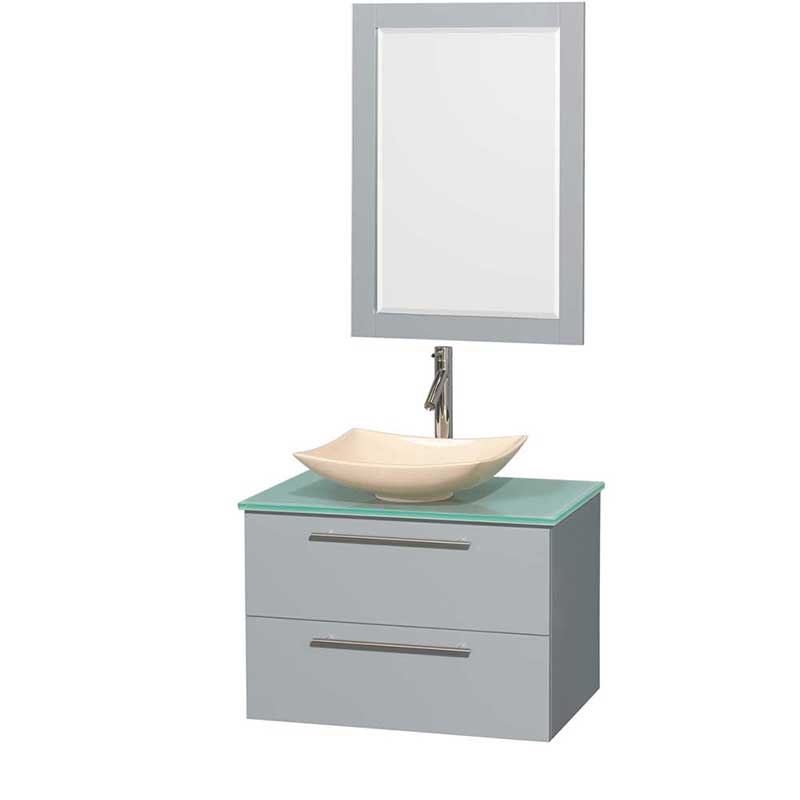 Amare 30" Single Bathroom Vanity in Dove Gray, Green Glass Countertop, Arista Ivory Marble Sink and 24" Mirror
