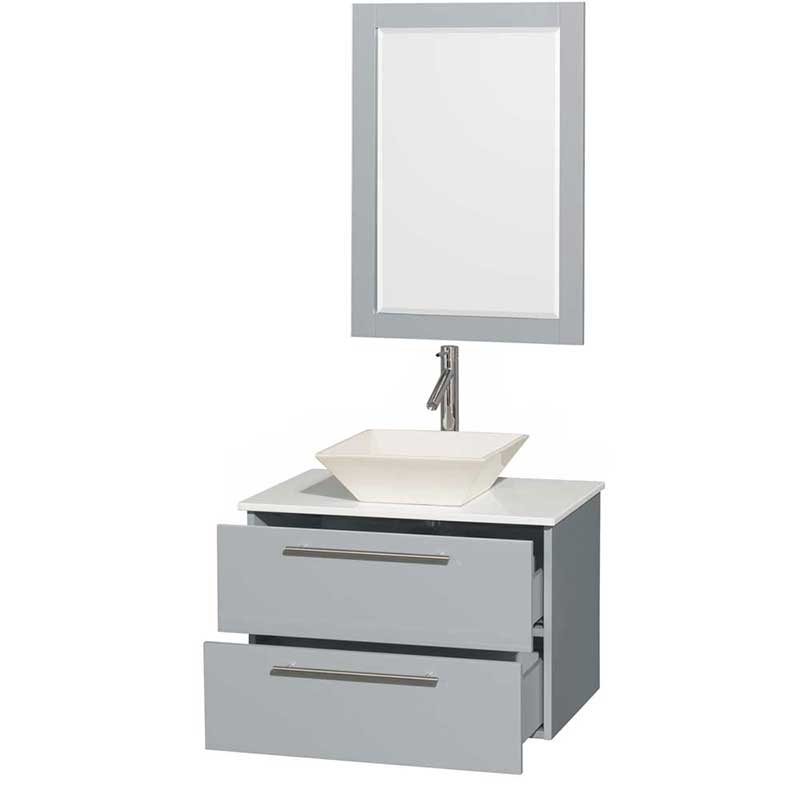 Amare 30" Single Bathroom Vanity in Dove Gray, White Man-Made Stone Countertop, Pyra Bone Porcelain Sink and 24" Mirror 2