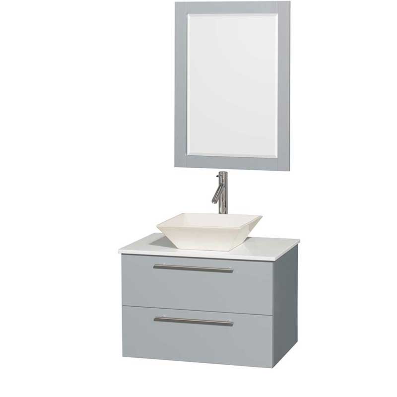 Amare 30" Single Bathroom Vanity in Dove Gray, White Man-Made Stone Countertop, Pyra Bone Porcelain Sink and 24" Mirror