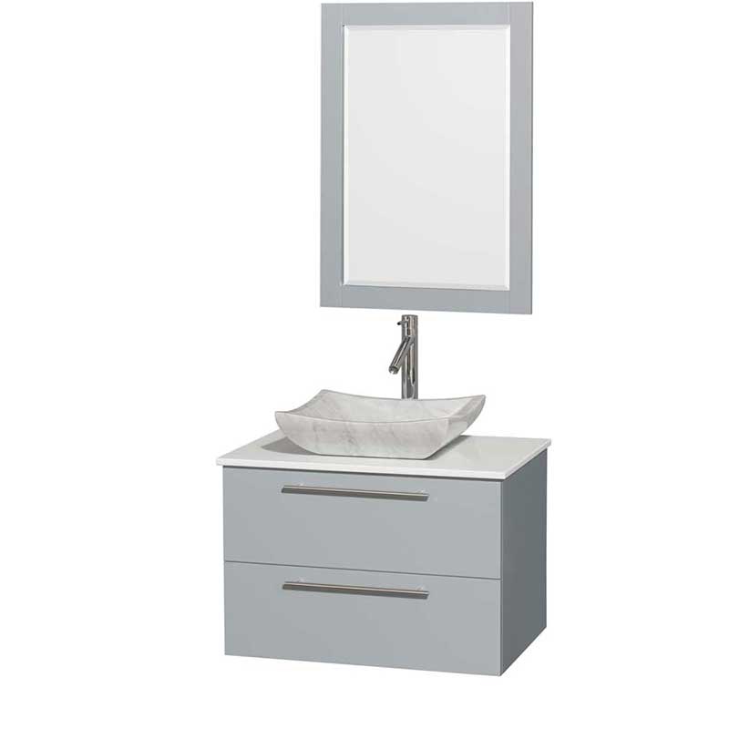 Amare 30" Single Bathroom Vanity in Dove Gray, White Man-Made Stone Countertop, Avalon White Carrera Marble Sink and 24" Mirror