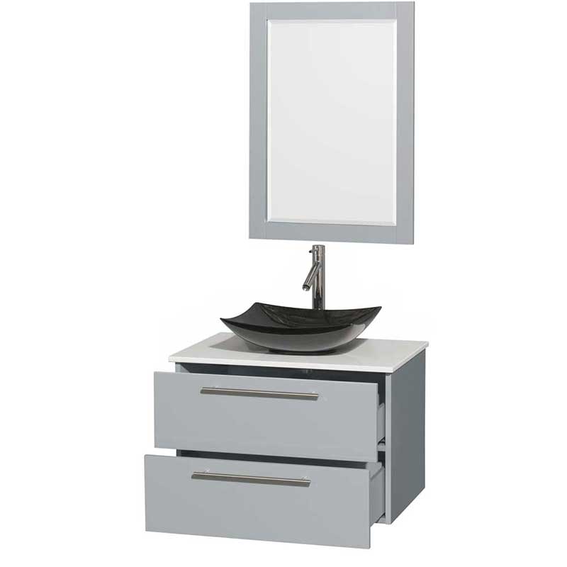 Amare 30" Single Bathroom Vanity in Dove Gray, White Man-Made Stone Countertop, Arista Black Granite Sink and 24" Mirror 2