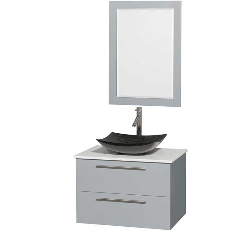 Amare 30" Single Bathroom Vanity in Dove Gray, White Man-Made Stone Countertop, Arista Black Granite Sink and 24" Mirror