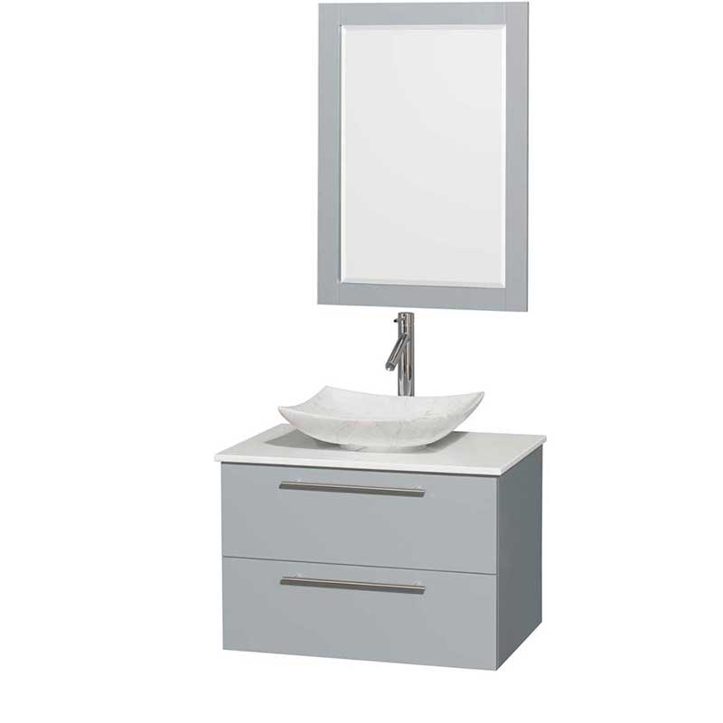 Amare 30" Single Bathroom Vanity in Dove Gray, White Man-Made Stone Countertop, Arista White Carrera Marble Sink and 24" Mirror