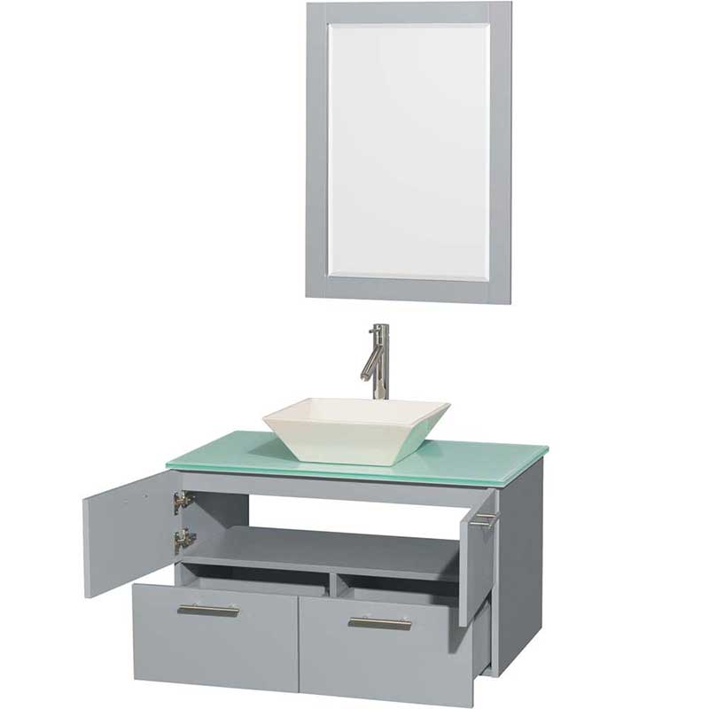 Amare 36" Single Bathroom Vanity in Dove Gray, Green Glass Countertop, Pyra Bone Porcelain Sink and 24" Mirror 2