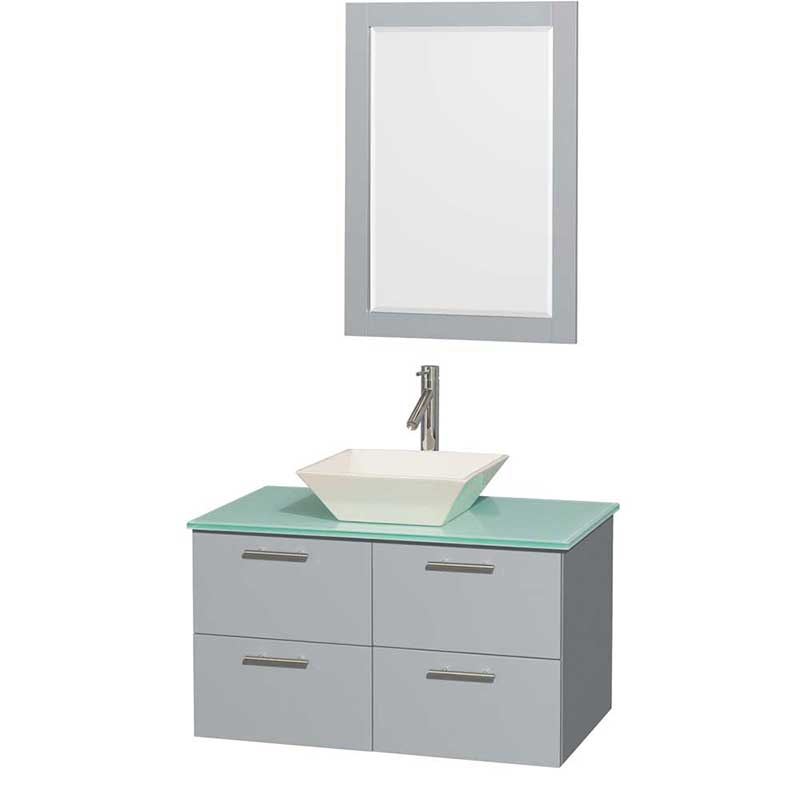 Amare 36" Single Bathroom Vanity in Dove Gray, Green Glass Countertop, Pyra Bone Porcelain Sink and 24" Mirror
