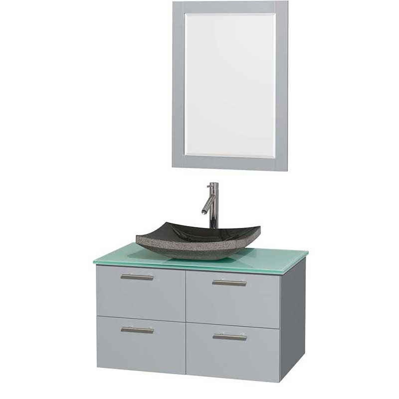 Amare 36" Single Bathroom Vanity in Dove Gray, Green Glass Countertop, Altair Black Granite Sink and 24" Mirror