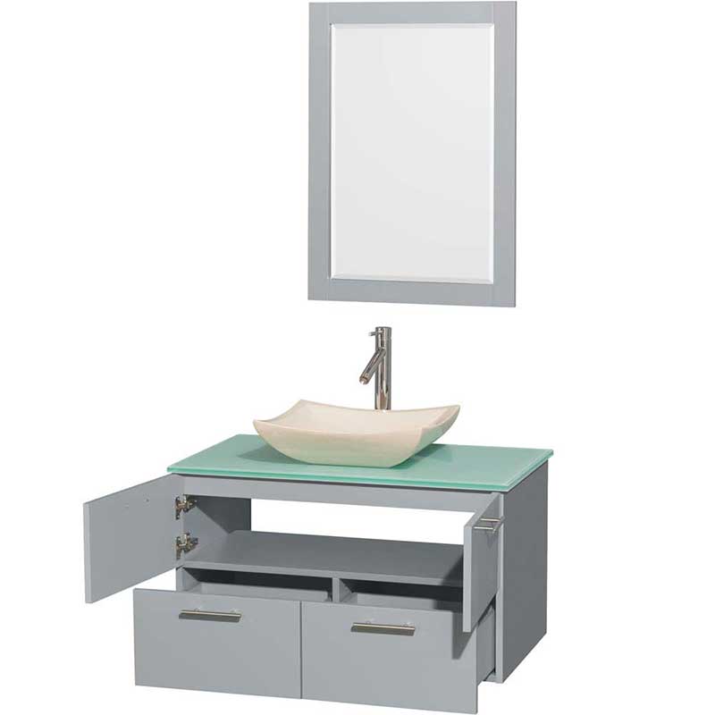 Amare 36" Single Bathroom Vanity in Dove Gray, Green Glass Countertop, Avalon Ivory Marble Sink and 24" Mirror 2