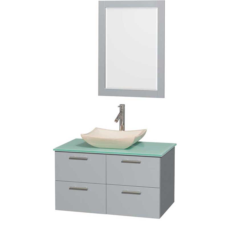 Amare 36" Single Bathroom Vanity in Dove Gray, Green Glass Countertop, Avalon Ivory Marble Sink and 24" Mirror