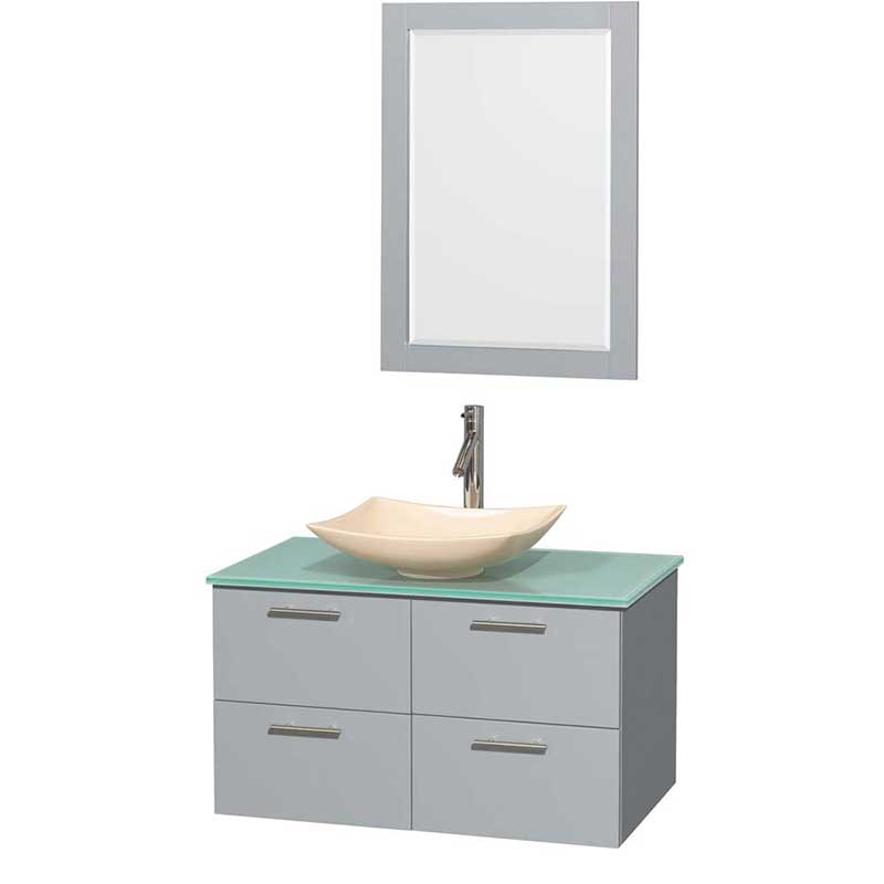 Amare 36" Single Bathroom Vanity in Dove Gray, Green Glass Countertop, Arista Ivory Marble Sink and 24" Mirror