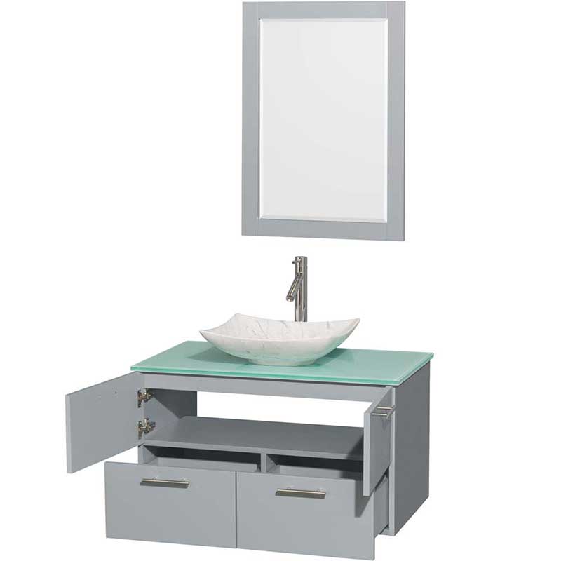 Amare 36" Single Bathroom Vanity in Dove Gray, Green Glass Countertop, Arista White Carrera Marble Sink and 24" Mirror 2