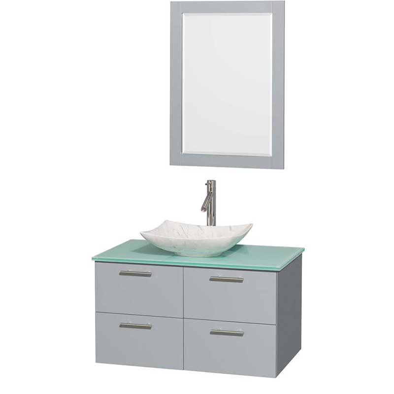 Amare 36" Single Bathroom Vanity in Dove Gray, Green Glass Countertop, Arista White Carrera Marble Sink and 24" Mirror