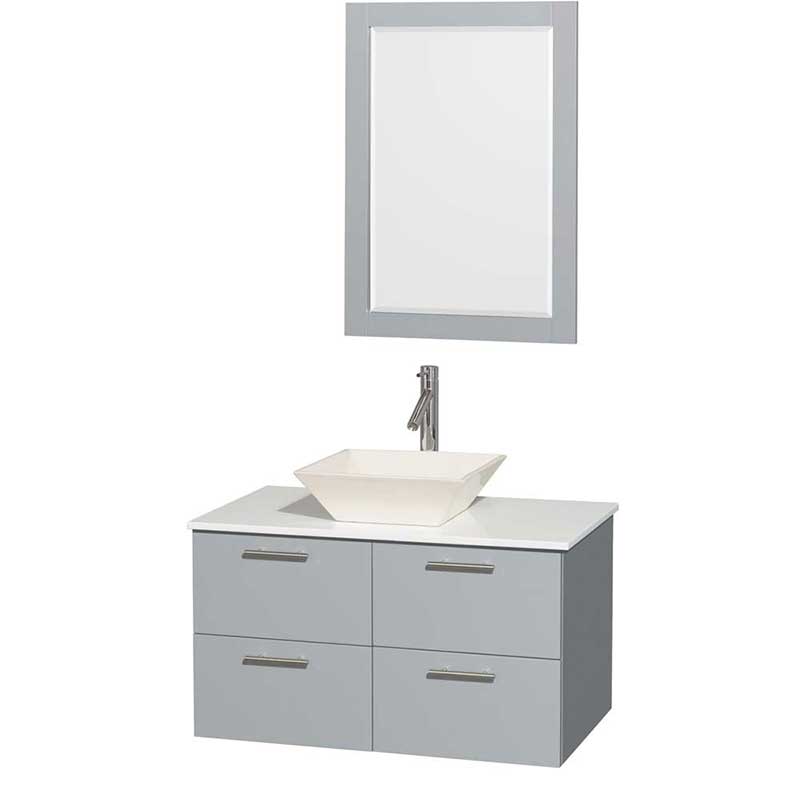 Amare 36" Single Bathroom Vanity in Dove Gray, White Man-Made Stone Countertop, Pyra Bone Porcelain Sink and 24" Mirror