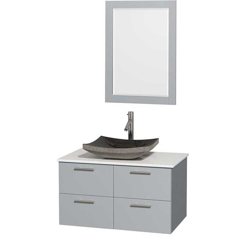 Amare 36" Single Bathroom Vanity in Dove Gray, White Man-Made Stone Countertop, Altair Black Granite Sink and 24" Mirror