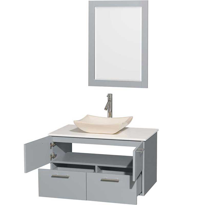 Amare 36" Single Bathroom Vanity in Dove Gray, White Man-Made Stone Countertop, Avalon Ivory Marble Sink and 24" Mirror 2