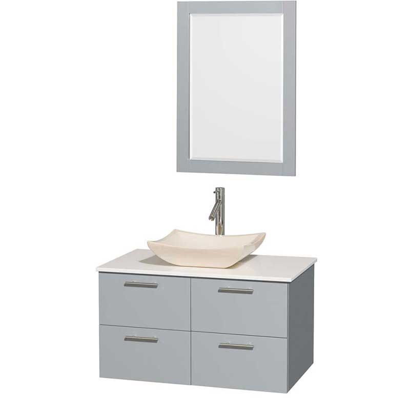 Amare 36" Single Bathroom Vanity in Dove Gray, White Man-Made Stone Countertop, Avalon Ivory Marble Sink and 24" Mirror