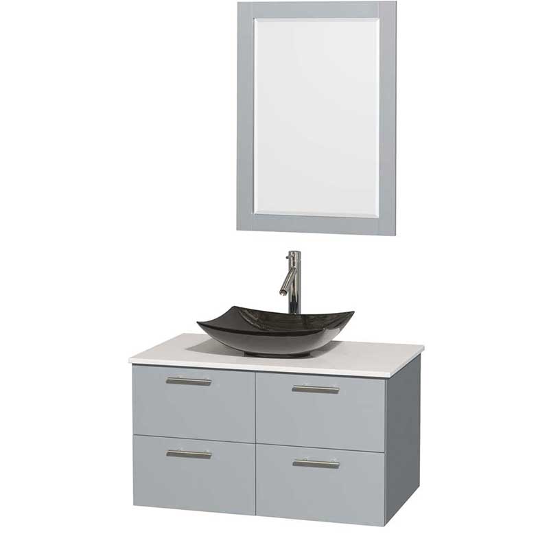Amare 36" Single Bathroom Vanity in Dove Gray, White Man-Made Stone Countertop, Arista Black Granite Sink and 24" Mirror