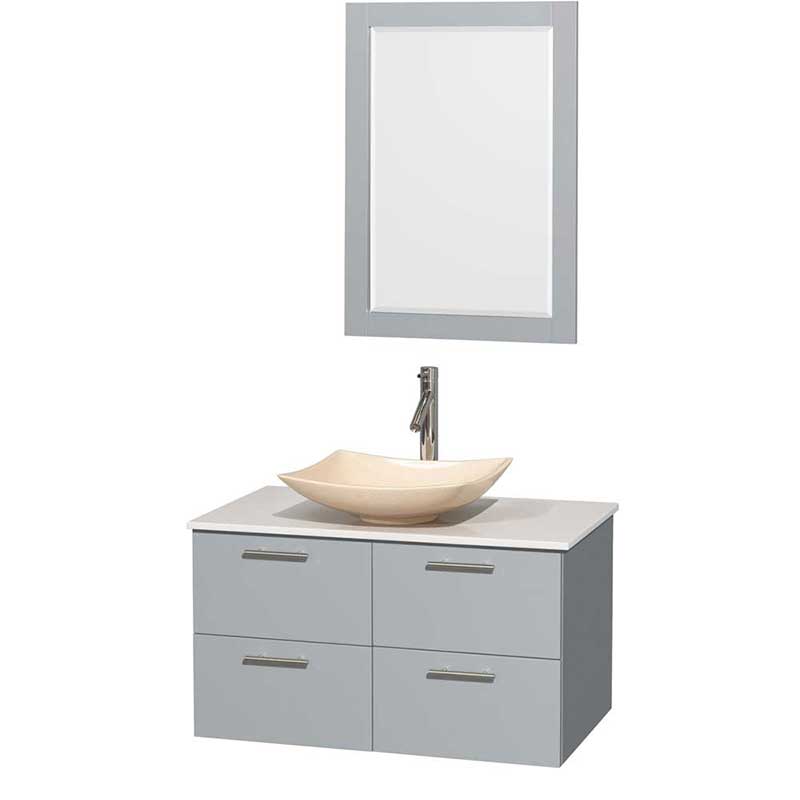 Amare 36" Single Bathroom Vanity in Dove Gray, White Man-Made Stone Countertop, Arista Ivory Marble Sink and 24" Mirror