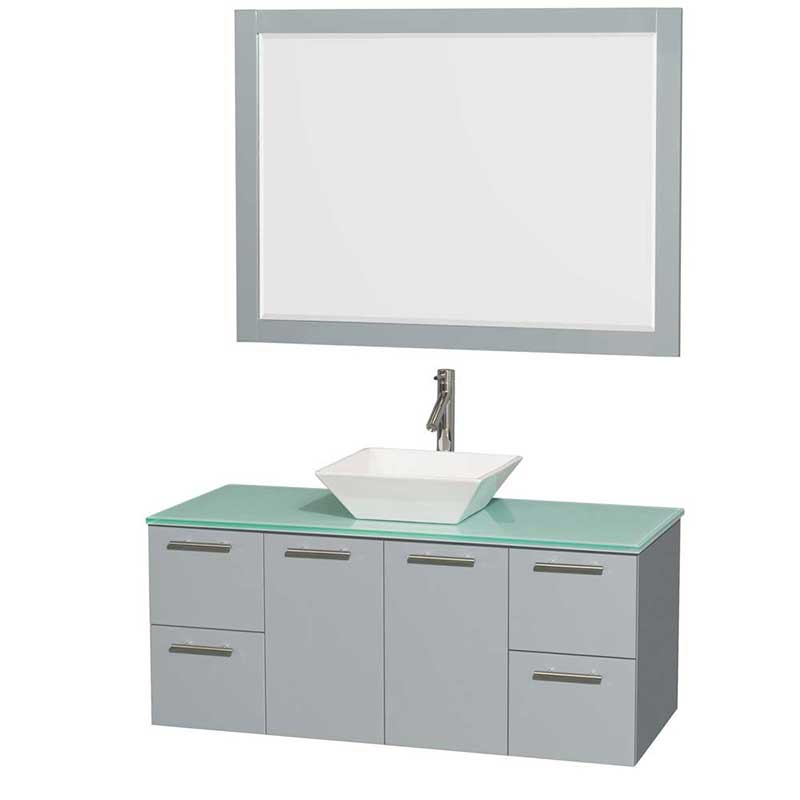 Amare 48" Single Bathroom Vanity in Dove Gray, Green Glass Countertop, Pyra White Porcelain Sink and 46" Mirror
