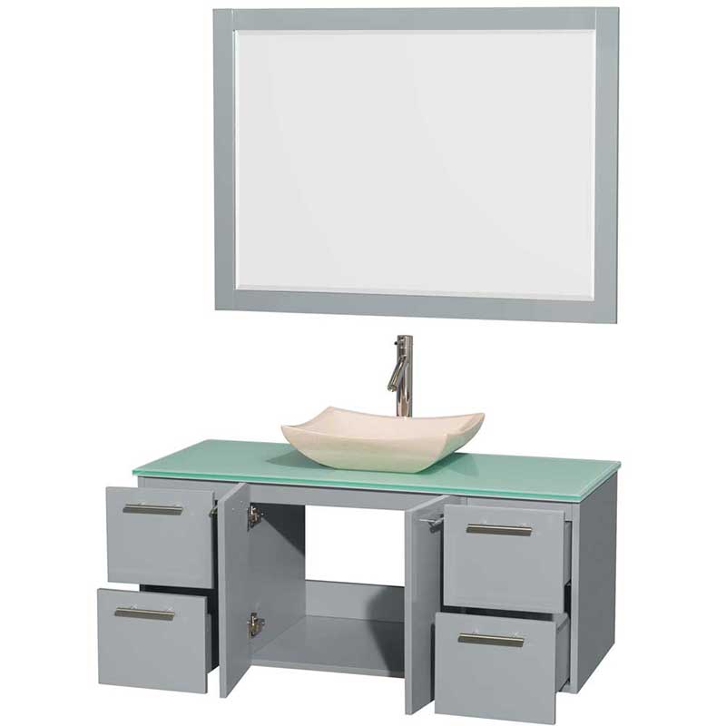 Amare 48" Single Bathroom Vanity in Dove Gray, Green Glass Countertop, Avalon Ivory Marble Sink and 46" Mirror 2
