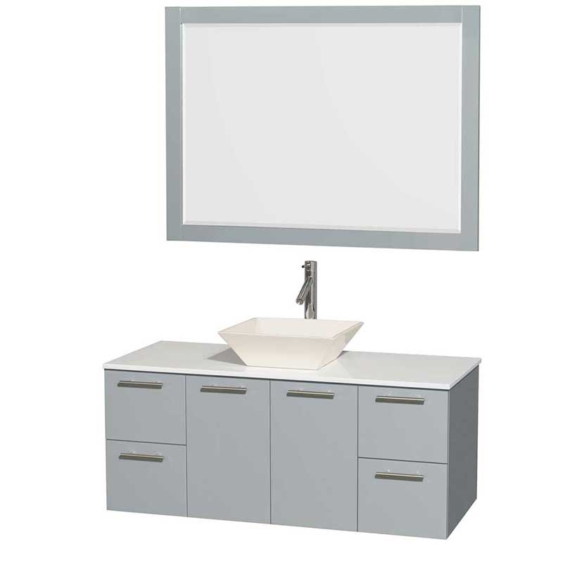 Amare 48" Single Bathroom Vanity in Dove Gray, White Man-Made Stone Countertop, Pyra Bone Porcelain Sink and 46" Mirror