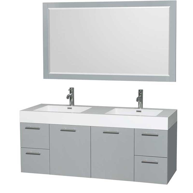 Amare 60" Double Bathroom Vanity in Dove Gray, Acrylic Resin Countertop, Integrated Sinks and 58" Mirror