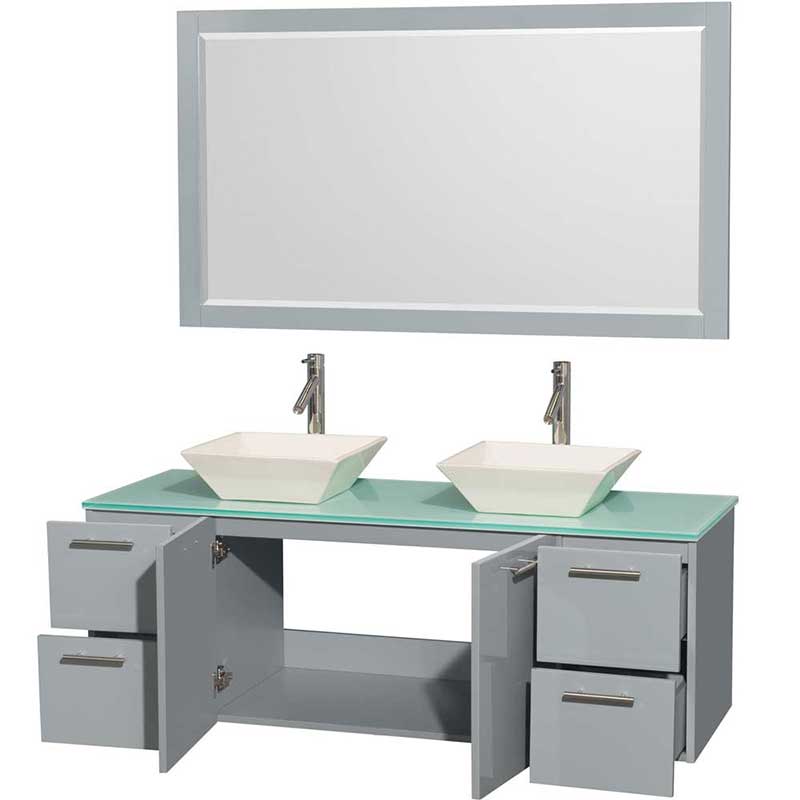 Amare 60" Double Bathroom Vanity in Dove Gray, Green Glass Countertop, Pyra Bone Porcelain Sinks and 58" Mirror 2