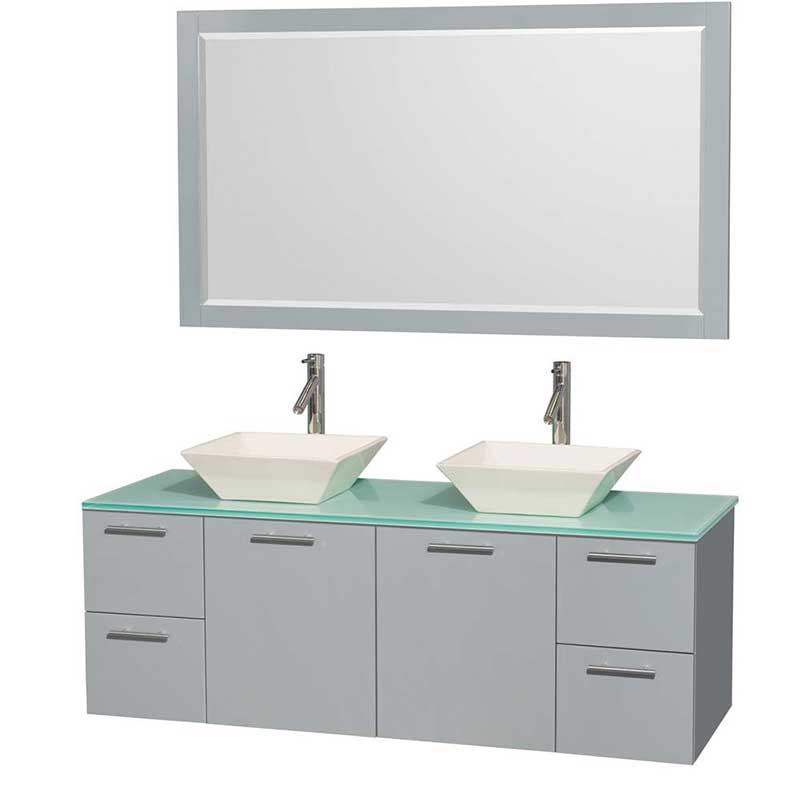 Amare 60" Double Bathroom Vanity in Dove Gray, Green Glass Countertop, Pyra Bone Porcelain Sinks and 58" Mirror