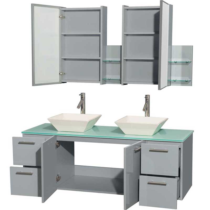Amare 60" Double Bathroom Vanity in Dove Gray, Green Glass Countertop, Pyra Bone Porcelain Sinks and Medicine Cabinet 2