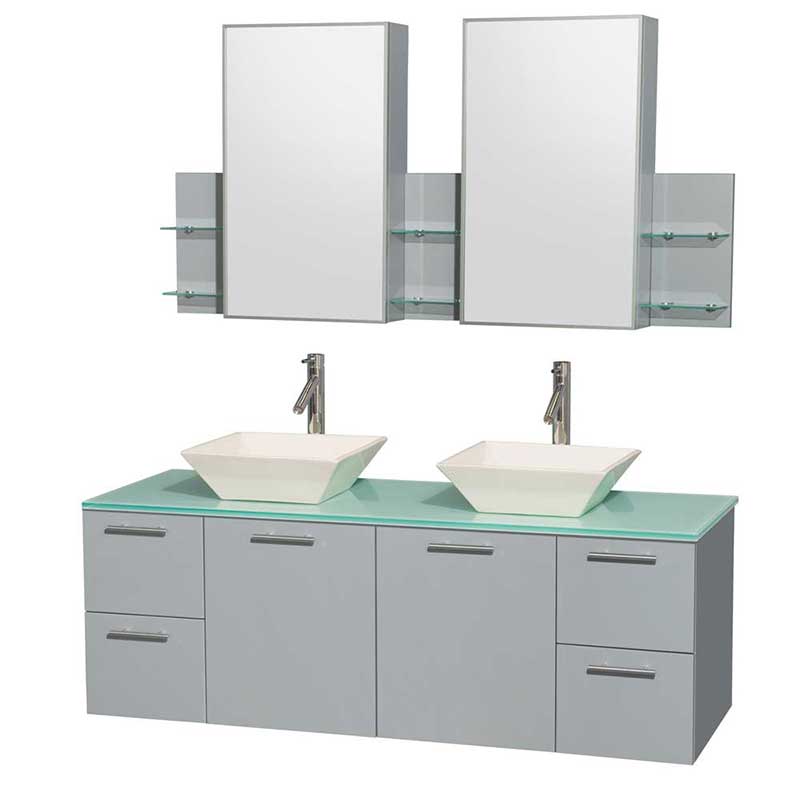 Amare 60" Double Bathroom Vanity in Dove Gray, Green Glass Countertop, Pyra Bone Porcelain Sinks and Medicine Cabinet