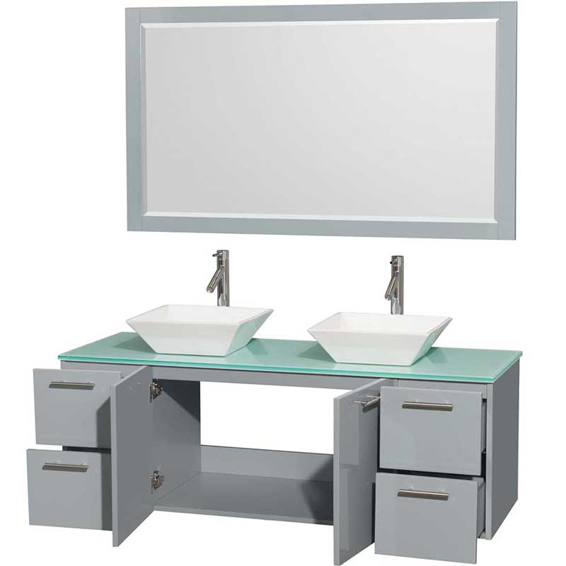 Amare 60" Double Bathroom Vanity in Dove Gray, Green Glass Countertop, Pyra White Porcelain Sinks and 58" Mirror 2
