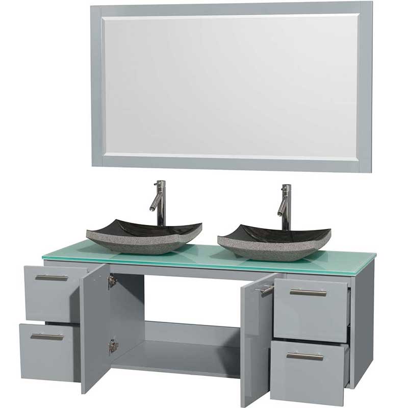 Amare 60" Double Bathroom Vanity in Dove Gray, Green Glass Countertop, Altair Black Granite Sinks and 58" Mirror 2