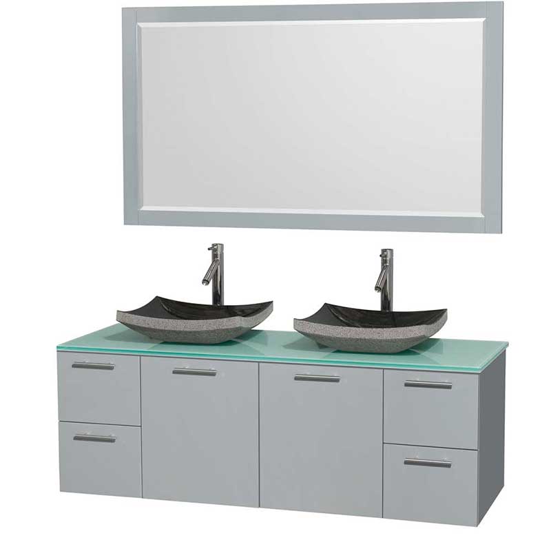Amare 60" Double Bathroom Vanity in Dove Gray, Green Glass Countertop, Altair Black Granite Sinks and 58" Mirror