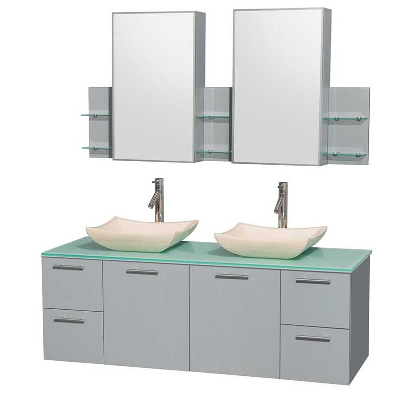 Amare 60" Double Bathroom Vanity in Dove Gray, Green Glass Countertop, Avalon Ivory Marble Sinks and Medicine Cabinet
