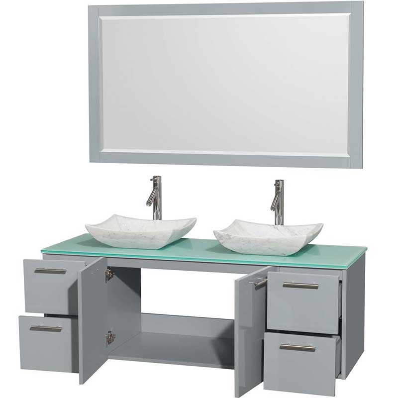 Amare 60" Double Bathroom Vanity in Dove Gray, Green Glass Countertop, Avalon White Carrera Marble Sinks and 58" Mirror 2