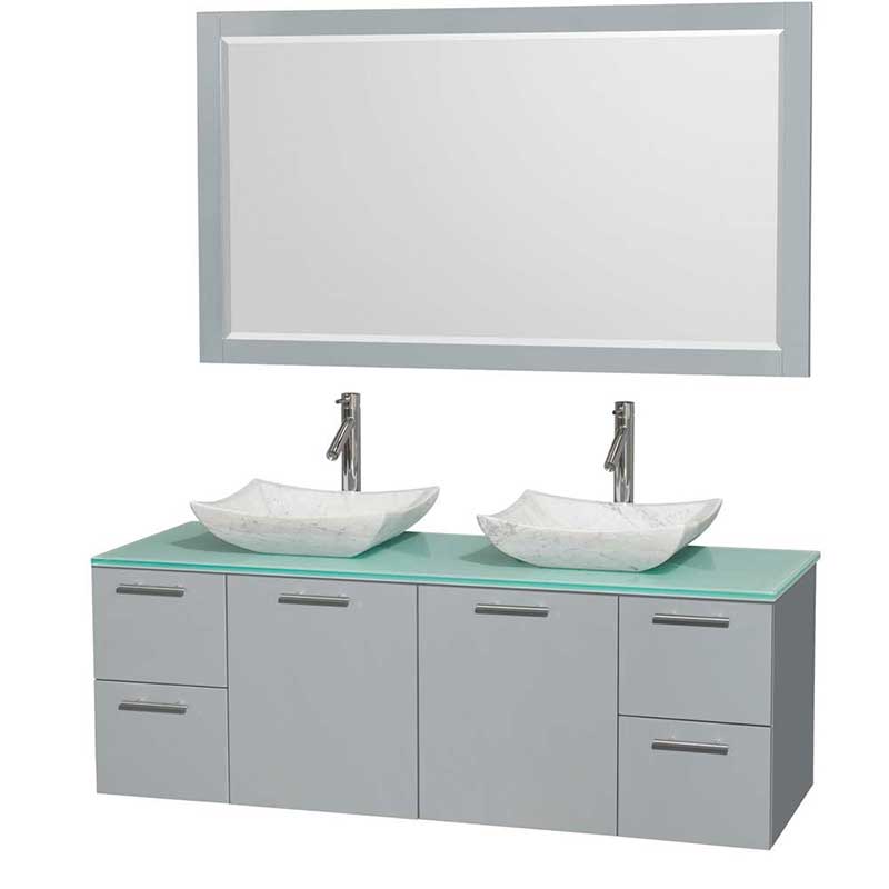 Amare 60" Double Bathroom Vanity in Dove Gray, Green Glass Countertop, Avalon White Carrera Marble Sinks and 58" Mirror