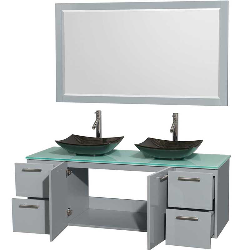 Amare 60" Double Bathroom Vanity in Dove Gray, Green Glass Countertop, Arista Black Granite Sinks and 58" Mirror 2