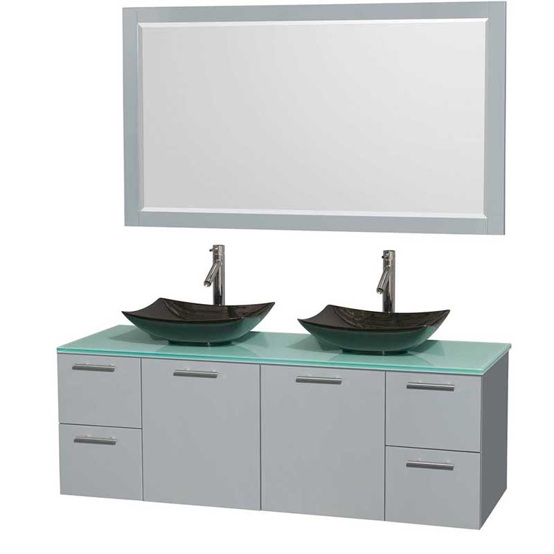 Amare 60" Double Bathroom Vanity in Dove Gray, Green Glass Countertop, Arista Black Granite Sinks and 58" Mirror