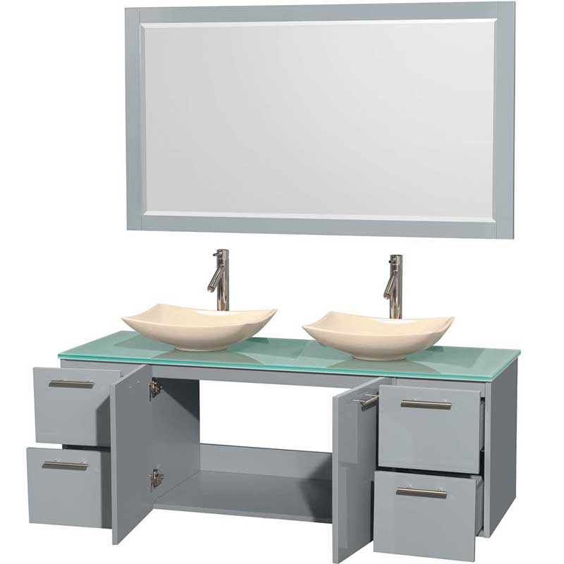 Amare 60" Double Bathroom Vanity in Dove Gray, Green Glass Countertop, Arista Ivory Marble Sinks and 58" Mirror 2