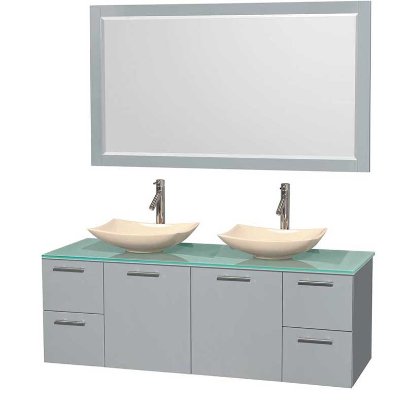 Amare 60" Double Bathroom Vanity in Dove Gray, Green Glass Countertop, Arista Ivory Marble Sinks and 58" Mirror