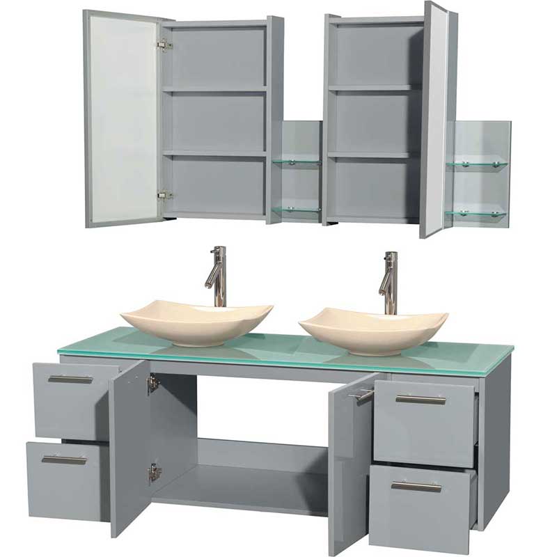 Amare 60" Double Bathroom Vanity in Dove Gray, Green Glass Countertop, Arista Ivory Marble Sinks and Medicine Cabinet 2