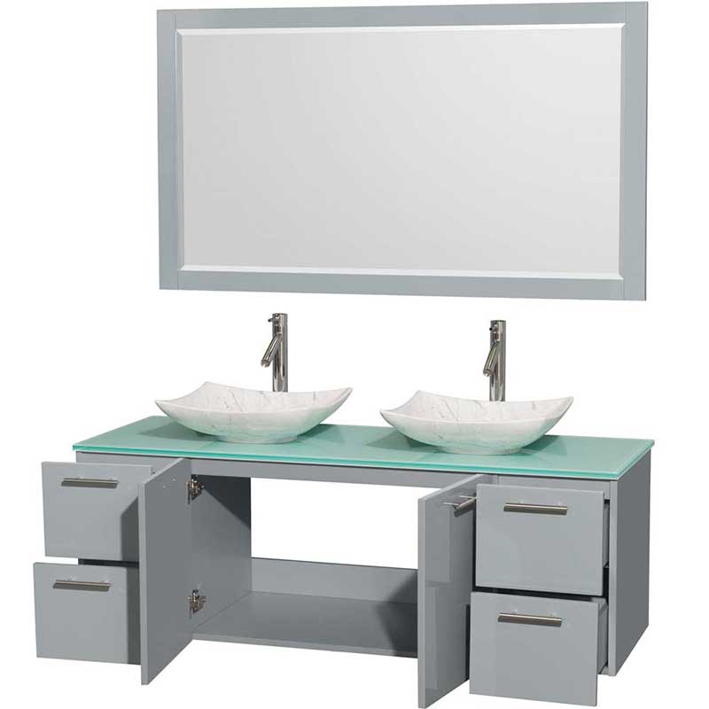 Amare 60" Double Bathroom Vanity in Dove Gray, Green Glass Countertop, Arista White Carrera Marble Sinks and 58" Mirror 2