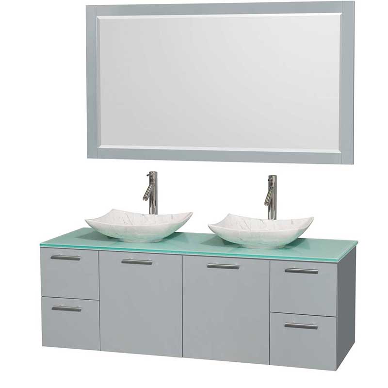 Amare 60" Double Bathroom Vanity in Dove Gray, Green Glass Countertop, Arista White Carrera Marble Sinks and 58" Mirror