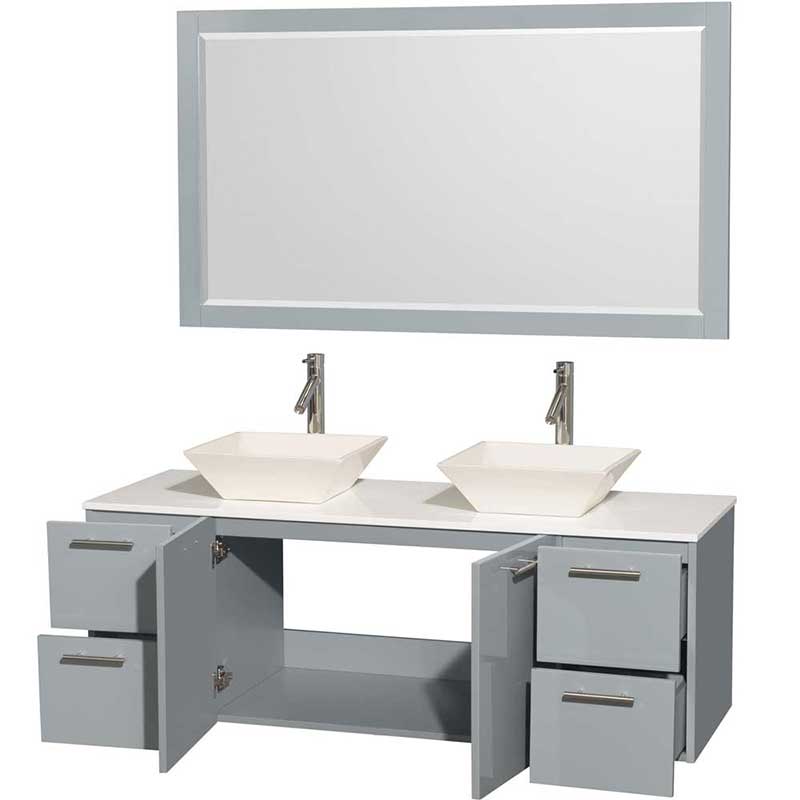 Amare 60" Double Bathroom Vanity in Dove Gray, White Man-Made Stone Countertop, Pyra Bone Porcelain Sinks and 58" Mirror 2