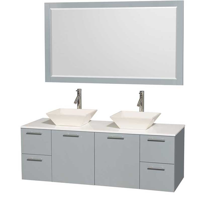 Amare 60" Double Bathroom Vanity in Dove Gray, White Man-Made Stone Countertop, Pyra Bone Porcelain Sinks and 58" Mirror