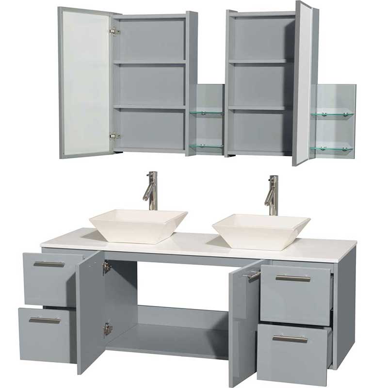 Amare 60" Double Bathroom Vanity in Dove Gray, White Man-Made Stone Countertop, Pyra Bone Porcelain Sinks and Medicine Cabinet 2