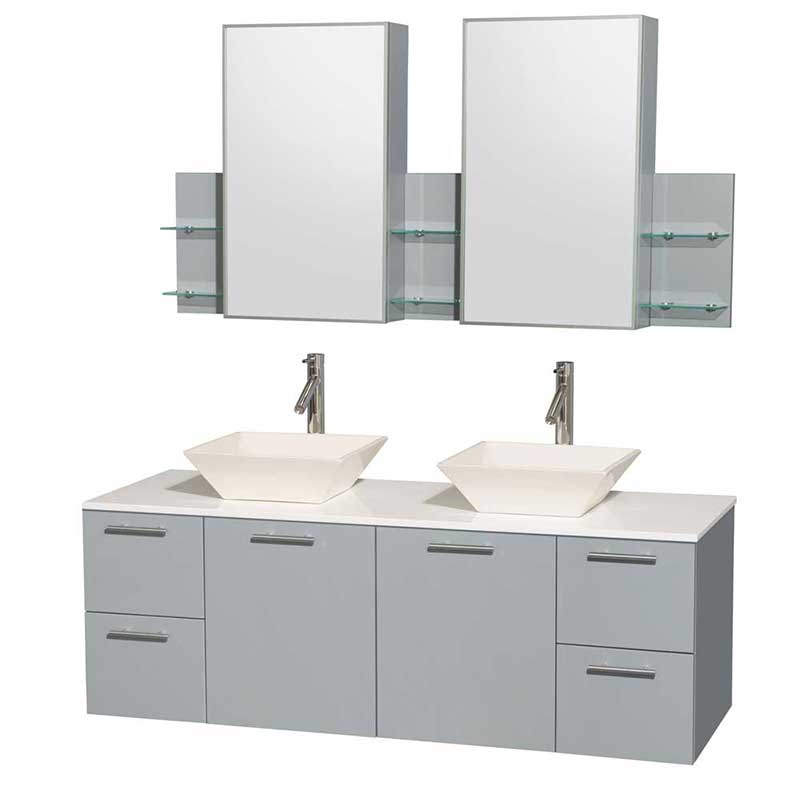 Amare 60" Double Bathroom Vanity in Dove Gray, White Man-Made Stone Countertop, Pyra Bone Porcelain Sinks and Medicine Cabinet