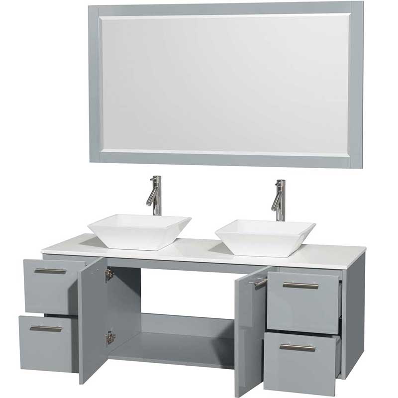 Amare 60" Double Bathroom Vanity in Dove Gray, White Man-Made Stone Countertop, Pyra White Porcelain Sinks and 58" Mirror 2