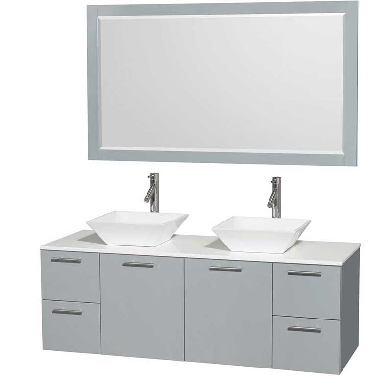 Amare 60" Double Bathroom Vanity in Dove Gray, White Man-Made Stone Countertop, Pyra White Porcelain Sinks and 58" Mirror